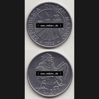 Aus offiziellen Münzensatz / KMS 1974 San Marino vor Euro 1974-1974, 50 Lire, L.50 MINGUZZI MONASSI INC. (4) Sammlung