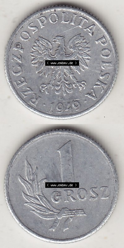 Münzen Republik Polen Eurovorläufer, Umlaufmünze 1949-1949, 1 Grosz, Groschen, Aluminium 1949. Vorderseite und Rückseite als... Sammlung