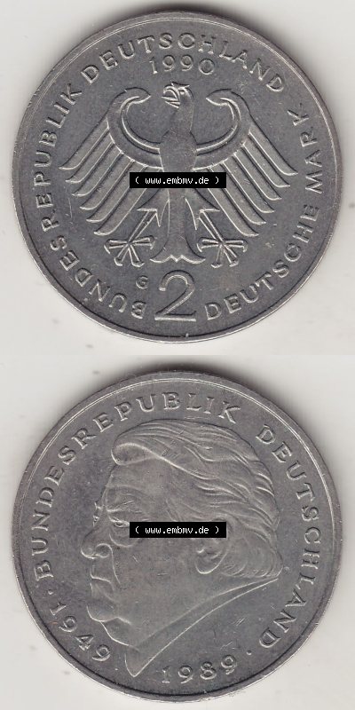 BRD Münzen 2 DM Gedenkmünze 1990-2001, 2 DM, Deutsche Mark Franz Josef Strauß 1990 G-1. Vorderseite und Rückseite auf einen... Sammlung