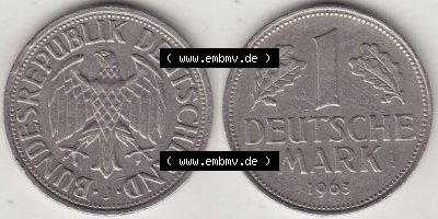 BRD Münzen 1 DM, Umlaufmünze 1950-2001, 1 DM Deutsche Mark, 1963 J-1. Vorderseite und Rückseite der Münze aus Deutschland Sammlung