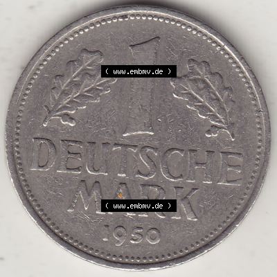 BRD Münzen 1 DM, Umlaufmünze 1950-2001, 1 DM Deutsche Mark, 1950 G-2. Rückseite der Münze aus Deutschland Sammlung