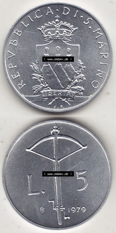 Aus offiziellen Münzensatz / KMS 1979 San Marino vor Euro 1979-1979, 5 Lire, LIBERTAS REPVBBLICA DI S. MARINO, 1979 L.5 (4) Sammlung