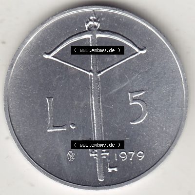 Aus offiziellen Münzensatz / KMS 1979 San Marino vor Euro 1979-1979, 5 Lire, LIBERTAS REPVBBLICA DI S. MARINO, 1979 L.5 (2) Sammlung
