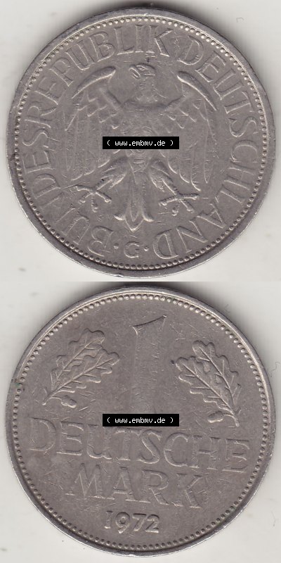 BRD Münzen 1 DM, Umlaufmünze 1950-2001, 1 DM Deutsche Mark, 1972 G-3. Vorderseite und Rückseite auf einen digitalen Bild /... Sammlung