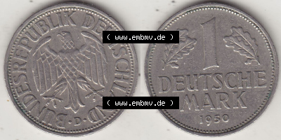 BRD Münzen 1 DM, Umlaufmünze 1950-2001, 1 DM Deutsche Mark, 1950 D-1. Vorderseite und Rückseite der Münze aus Deutschland Sammlung