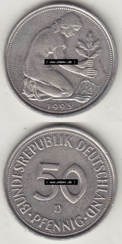 Münzen Deutschland 50 Pfennig der Deutschen Mark 1950-2001, 50 Pfennig 1993 D-1 (4) Sammlung