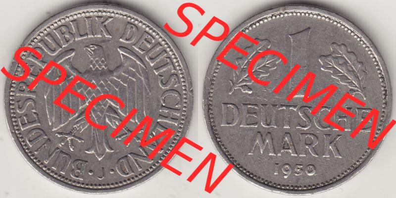 BRD Münzen 1 DM, Umlaufmünze 1950-2001, 1 DM Deutsche Mark, 1950 J-5. Vorderseite und Rückseite der Münze aus Deutschland Sammlung