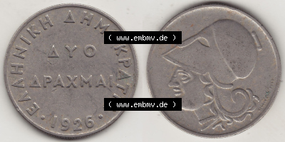 Münzen Griechenland Eurovorläufer, Umlaufmünze vor Euroeinführung 1926-1926, 2 Drachmen, Ayo Apaxmai 1926 (Stück 1) (3) Sammlung
