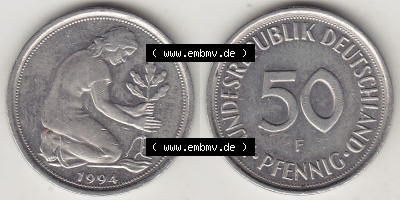 Münzen Deutschland 50 Pfennig der Deutschen Mark 1950-2001, 50 Pfennig 1994 F-1 (3) Sammlung