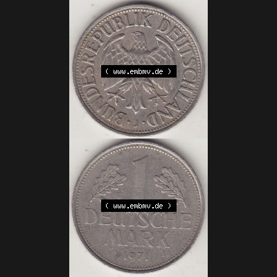 BRD Münzen 1 DM, Umlaufmünze 1950-2001, 1 DM Deutsche Mark, 1971 J-1. Vorderseite und Rückseite auf einen digitalen Bild / Foto der Münze aus Deutschland,... Sammlung