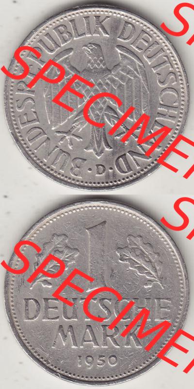 BRD Münzen 1 DM, Umlaufmünze 1950-2001, 1 DM Deutsche Mark, 1950 D-5. Vorderseite und Rückseite auf einen digitalen Bild / Foto der Münze aus Deutschland,... Sammlung