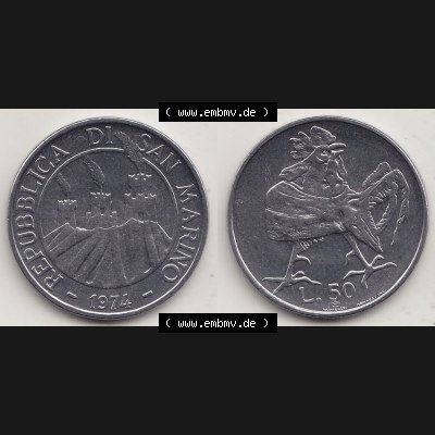 Aus offiziellen Münzensatz / KMS 1974 San Marino vor Euro 1974-1974, 50 Lire, L.50 MINGUZZI MONASSI INC. (3) Sammlung