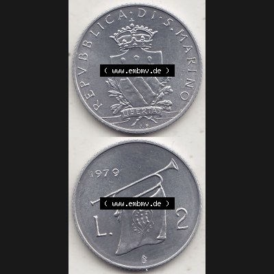 Aus offiziellen Münzensatz / KMS 1979 San Marino vor Euro 1979-1979, 2 Lire, J. V. LIBERTAS REPVBBLICA DI S. MARINO, 1979 L.2 (4) Sammlung