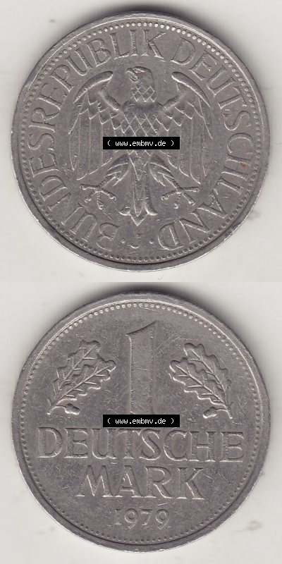 BRD Münzen 1 DM, Umlaufmünze 1950-2001, 1 DM Deutsche Mark, 1979 J-1. Vorderseite und Rückseite auf einen digitalen Bild /... Sammlung