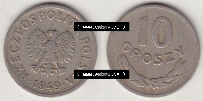 Münzen Republik Polen Eurovorläufer, Umlaufmünze 1949-1949, 10 Groszy, Groschen, Kupfernickel-Legierung 1949. Vorderseite und... Sammlung