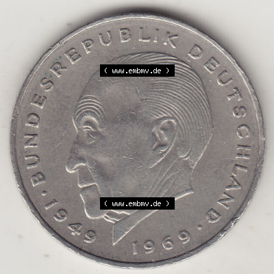 BRD Münzen 2 DM Gedenkmünze 1969-1987, 2 DM, Deutsche Mark Konrad Adenauer 1975 (Stück 1) F. Rückseite der Münze aus Deutschland Sammlung