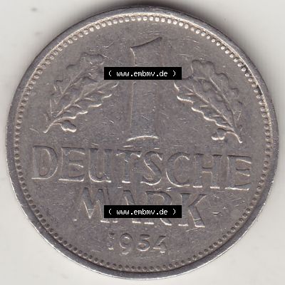 BRD Münzen 1 DM, Umlaufmünze 1950-2001, 1 DM Deutsche Mark, 1954 G-2. Rückseite der Münze aus Deutschland Sammlung