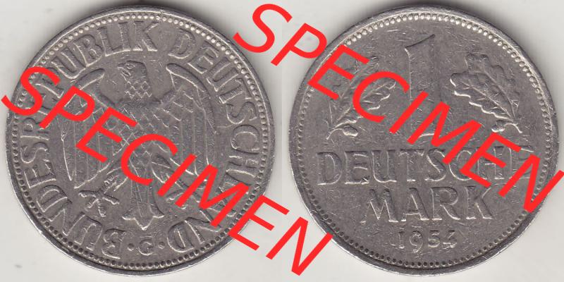 BRD Münzen 1 DM, Umlaufmünze 1950-2001, 1 DM Deutsche Mark, 1954 G-5. Vorderseite und Rückseite der Münze aus Deutschland Sammlung
