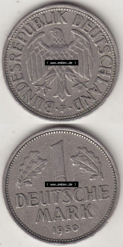 BRD Münzen 1 DM, Umlaufmünze 1950-2001, 1 DM Deutsche Mark, 1950 F-5. Vorderseite und Rückseite auf einen digitalen Bild /... Sammlung