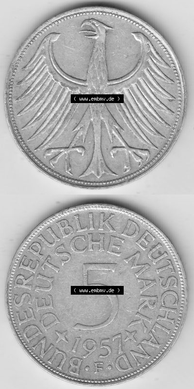 Münzen Deutsche Mark Silbermünze 1951-1974, 5 DM, 5 Deutsche Mark Silberadler, Heiermann 1957 F-1. Bildmaterial mit Vorderseite... Sammlung