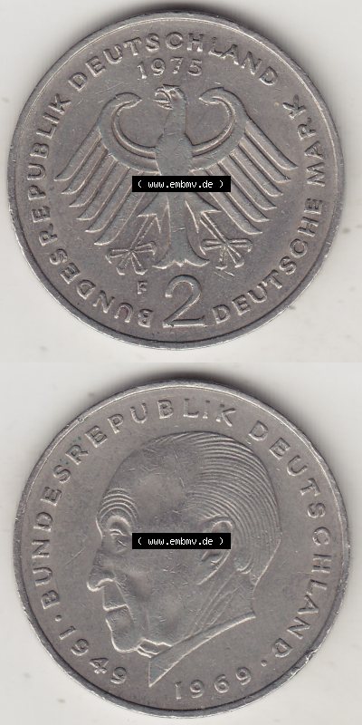 BRD Münzen 2 DM Gedenkmünze 1969-1987, 2 DM, Deutsche Mark Konrad Adenauer 1975 (Stück 1) F. Vorderseite und Rückseite auf... Sammlung