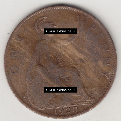 Münzen Großbritannien Eurovorläufer, Umlaufmünze vor Euroeinführung 1911-1926, 1 One Penny, 1920 (Stück 1), George V, B.M.... Sammlung