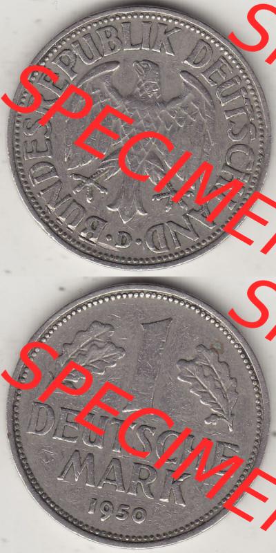 BRD Münzen 1 DM, Umlaufmünze 1950-2001, 1 DM Deutsche Mark, 1950 D-2. Vorderseite und Rückseite auf einen digitalen Bild / Foto der Münze aus Deutschland,... Sammlung