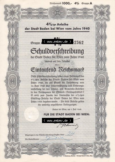 Alte Wertpapiere Österreich im Deutschen Reich 1940, 4 Prozent Anleihe der Stadt Baden bei Wien vom Jahre 1940, Schuldverschreibung... Sammlung