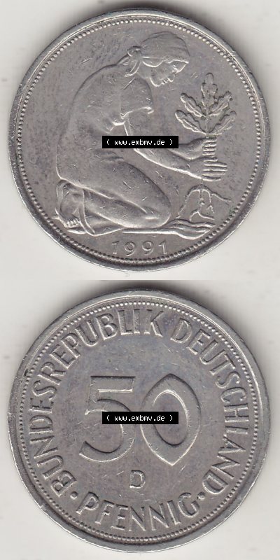 Münzen Deutschland 50 Pfennig der Deutschen Mark 1950-2001, 50 Pfennig 1991 D-1 (4) Sammlung