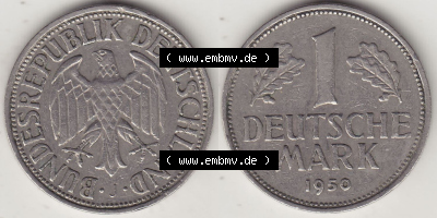 BRD Münzen 1 DM, Umlaufmünze 1950-2001, 1 DM Deutsche Mark, 1950 J-7. Vorderseite und Rückseite der Münze aus Deutschland Sammlung