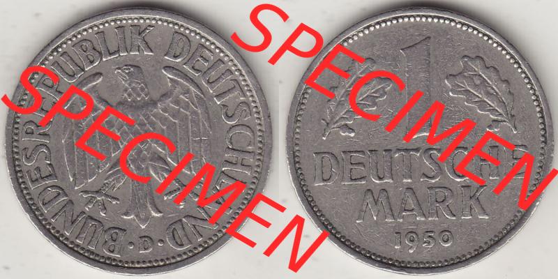 BRD Münzen 1 DM, Umlaufmünze 1950-2001, 1 DM Deutsche Mark, 1950 D-3. Vorderseite und Rückseite der Münze aus Deutschland Sammlung