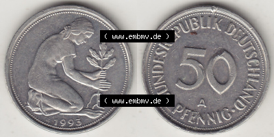 Münzen Deutschland 50 Pfennig der Deutschen Mark 1990-2001, 50 Pfennig 1993 A-1 (3) Sammlung