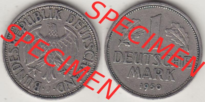 BRD Münzen 1 DM, Umlaufmünze 1950-2001, 1 DM Deutsche Mark, 1950 J-1. Vorderseite und Rückseite der Münze aus Deutschland Sammlung