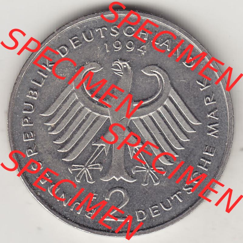 BRD Münzen 2 DM Gedenkmünze 1990-2001, 2 DM, Deutsche Mark Franz Josef Strauß 1994 F-1. Vorderseite der Münze aus Deutschland Sammlung