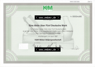 Alte Wertpapiere Bundesrepublik Deutschland in Deutsche Mark 1997, 5 DM, Fünf Deutsche Mark, k&M Möbel AG, KM Aktiengesellschaft... Sammlung