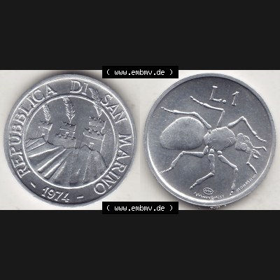 Aus offiziellen Münzensatz / KMS 1974 San Marino vor Euro 1974-1974, 1 Lire, 1 Lira, L.1 MINGUZZI MONASSI INC. (3) Sammlung