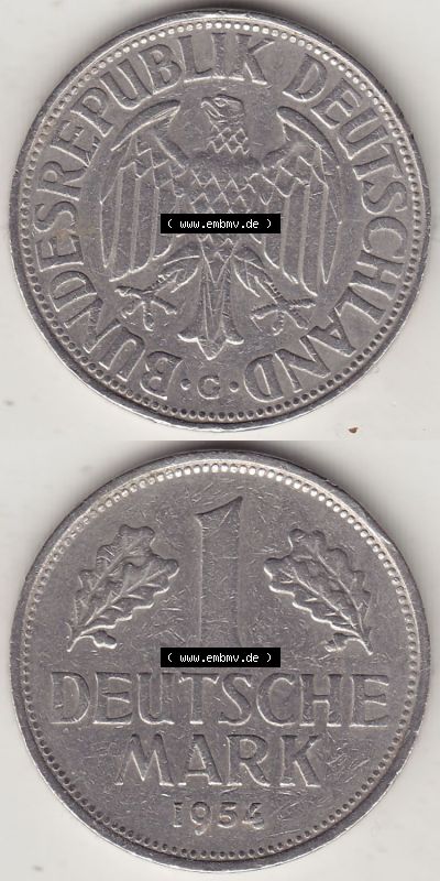 BRD Münzen 1 DM, Umlaufmünze 1950-2001, 1 DM Deutsche Mark, 1954 G-1. Vorderseite und Rückseite auf einen digitalen Bild /... Sammlung