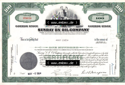 Alte Wertpapiere Amerikanische Öl-Gesellschaften 1964, Sunray DX Oil Company, 100 Shares-Aktien (1) Sammlung