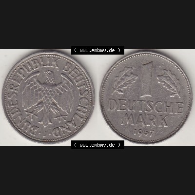 BRD Münzen 1 DM, Umlaufmünze 1950-2001, 1 DM Deutsche Mark, 1957 J-1. Vorderseite und Rückseite der Münze aus Deutschland Sammlung
