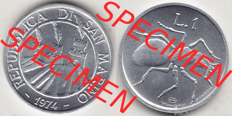 Aus offiziellen Münzensatz / KMS 1974 San Marino vor Euro 1974-1974, 1 Lire, 1 Lira, L.1 MINGUZZI MONASSI INC. (3) Sammlung