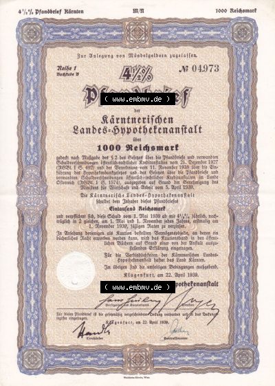 Alte Wertpapiere Österreich im Deutschen Reich 1939, 4.5 Prozent Pfandbrief, Zur Anlegung von Mündelgeldern zugelassen, Kärntnerischer... Sammlung