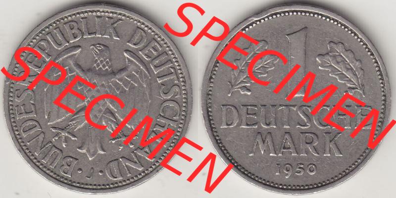 BRD Münzen 1 DM, Umlaufmünze 1950-2001, 1 DM Deutsche Mark, 1950 J-4. Vorderseite und Rückseite der Münze aus Deutschland Sammlung