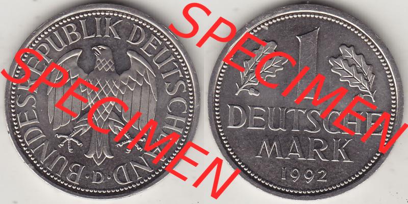 BRD Münzen 1 DM, Umlaufmünze 1950-2001, 1 DM Deutsche Mark, 1992 D-1. Vorderseite und Rückseite der Münze aus Deutschland Sammlung
