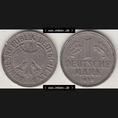 BRD Münzen 1 DM, Umlaufmünze 1950-2001, 1 DM Deutsche Mark, 1950 J-8. Vorderseite und Rückseite der Münze aus Deutschland Sammlung