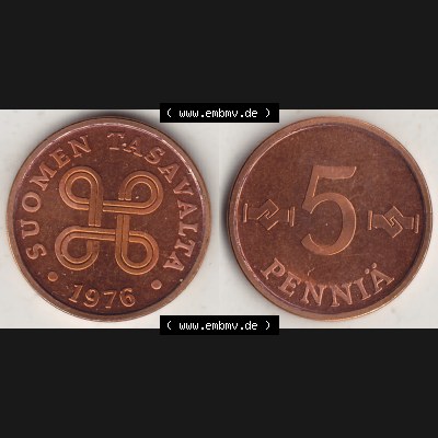 Münzen Finnland / SUOMI Eurovorläufer, Umlaufmünze vor Euroeinführung 1963-1977, 5 Penny Penniä 1976, SUOMEN TASAVALTA (3) Sammlung