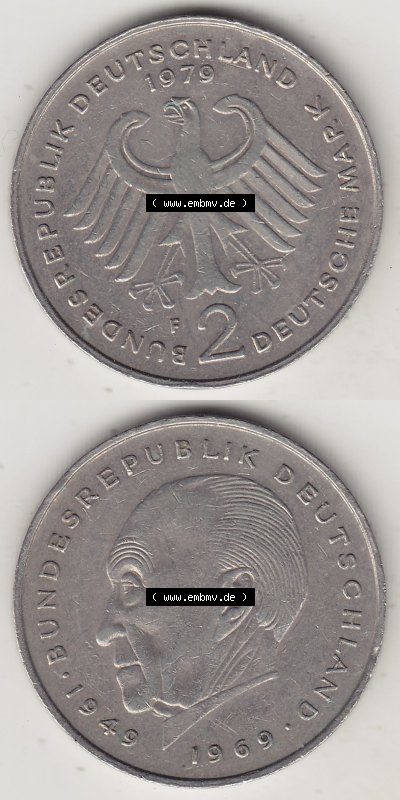 BRD Münzen 2 DM Gedenkmünze 1969-1987, 2 DM, Deutsche Mark Konrad Adenauer 1979 (Stück 1) F. Vorderseite und Rückseite auf... Sammlung