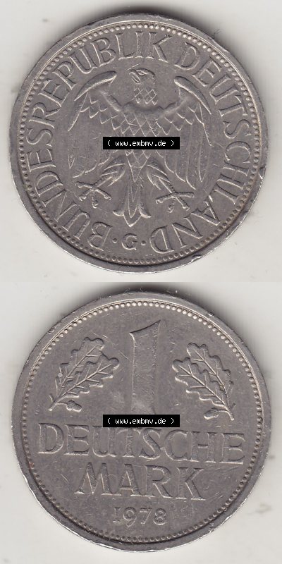 BRD Münzen 1 DM, Umlaufmünze 1950-2001, 1 DM Deutsche Mark, 1978 G-1. Vorderseite und Rückseite auf einen digitalen Bild /... Sammlung