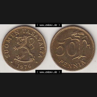 Münzen Finnland / SUOMI Eurovorläufer, Umlaufmünze vor Euroeinführung 1963-1990, 50 Penny Penniä 1976, SUOMEN TASAVALTA (3) Sammlung