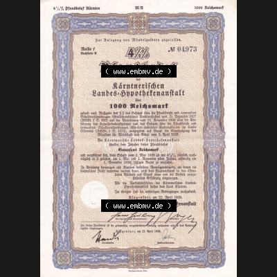 Alte Wertpapiere Österreich im Deutschen Reich 1939, 4.5 Prozent Pfandbrief, Zur Anlegung von Mündelgeldern zugelassen, Kärntnerischer Landes-Hypothekenanstalt (1) Sammlung