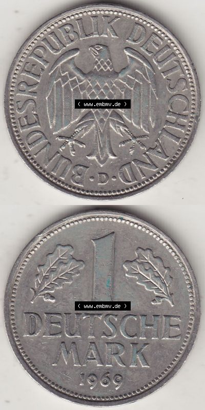 BRD Münzen 1 DM, Umlaufmünze 1950-2001, 1 DM Deutsche Mark, 1969 D-1. Vorderseite und Rückseite auf einen digitalen Bild /... Sammlung